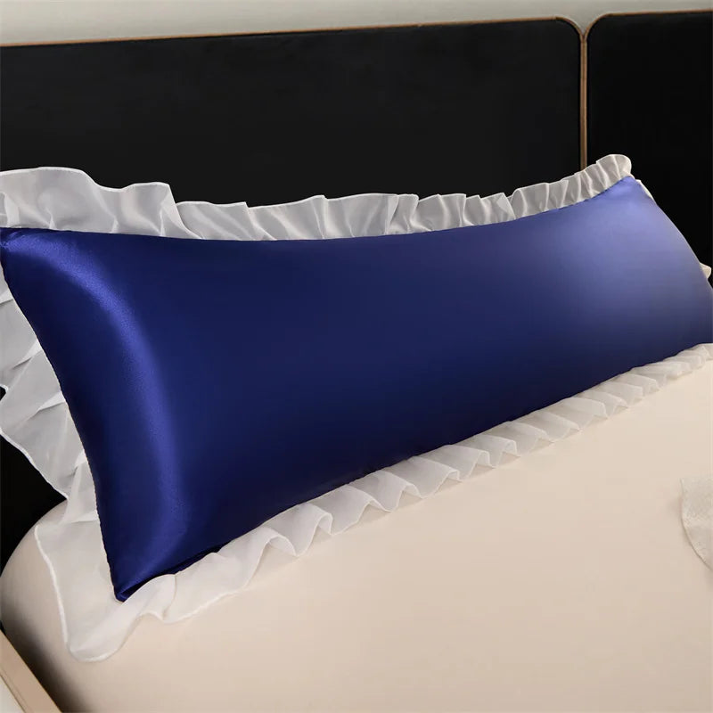 1pc Satin Silk Pillowcase with Ruffles 48x120/150/180cm Double Pillowcase Cover with Lace Smooth Long Pillow Sham for Summer