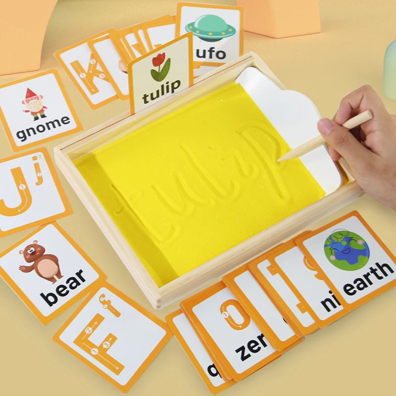 Bandeja de arena Montessori de madera con bolígrafo de madera para escribir letras y números, juguetes educativos para edades tempranas, regalos, juego de fiesta