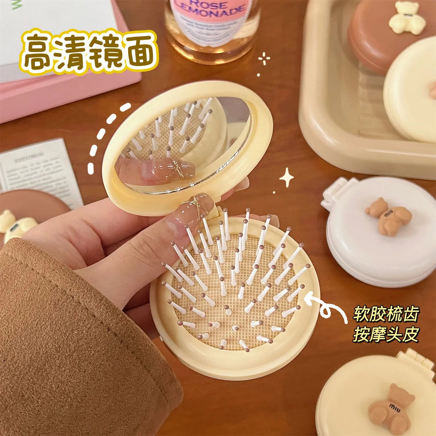 Peine de masaje plegable con espejo de maquillaje, bolsa de aire de plástico portátil para viaje, pequeño cepillo de pelo para niña, pajarita, cojín de aire