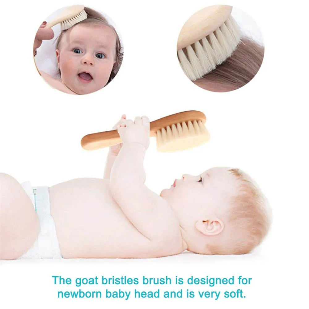 Juego de 4 Uds de cepillos y peines para bebé, cepillo de masaje de pelo de cabra Natural Ultra suave de madera para recién nacido, juego de peines para niño y niña