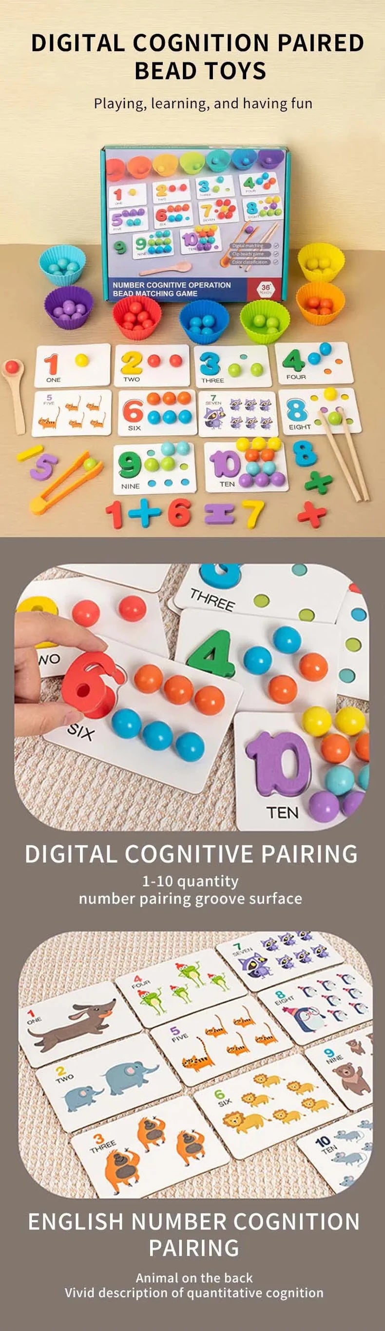 Accesorios de matemáticas Montessori para bebé, rompecabezas de emparejamiento cognitivo Digital, perla ingeniosa, juguetes de acción fina para niños