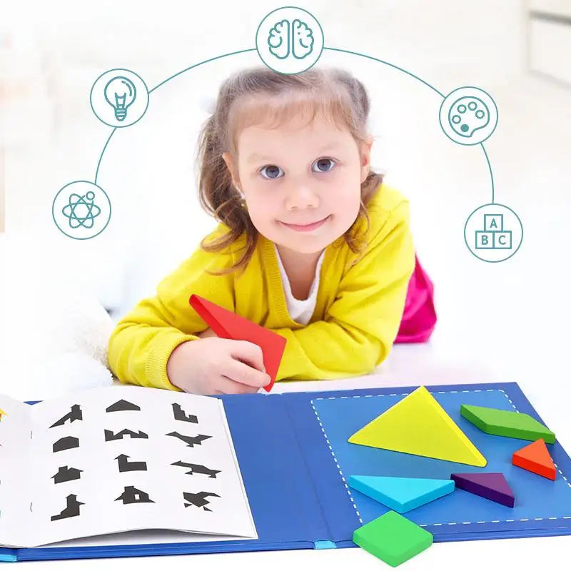 Rompecabezas de madera magnético Tangram, libro de rompecabezas, juguetes educativos para niños, bebé, chico, portátil, aprendizaje de inteligencia Montessori