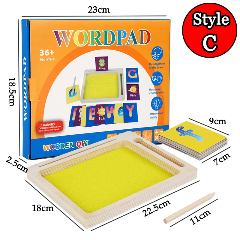Material didáctico Montessori, caja de arena de madera, trazos de letras, bolígrafo de dibujo de arena para niños, juego de juegos sensoriales controlados, juguete de sopa