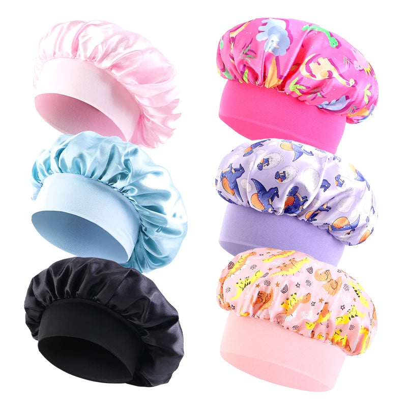 6 unids/lote gorro para niños lindo banda ancha elástico estampado de dibujos animados dormir moda gorro de dormir cuidado del cabello niños niñas gorro para dormir