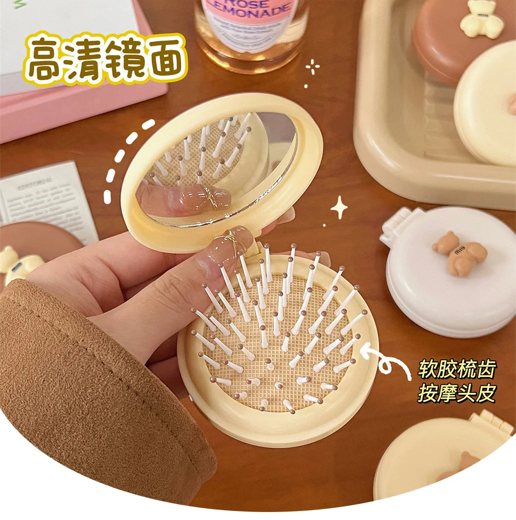 Peine de masaje plegable con espejo de maquillaje, bolsa de aire de plástico portátil para viaje, pequeño cepillo de pelo para niña, pajarita, cojín de aire