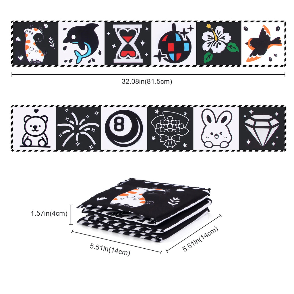 Libro de tela para bebé, juguetes de alto contraste para bebé de 0 a 36 meses, juguetes para cuna para recién nacido, libros de tela sensoriales de animales en blanco y negro, juguetes Montessori