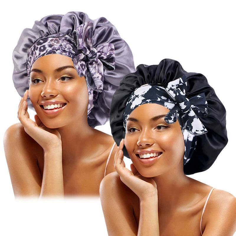 2 unids/lote, diadema con estampado bohemio, gorro de satén con cordones, gorro para el pelo con lazo, gorro elástico para dormir de noche, gorros de baño para ducha para mujer