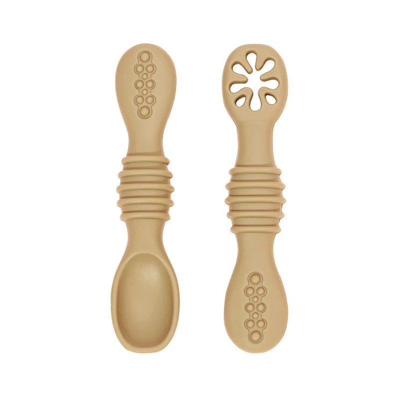 Juego de cucharas de aprendizaje para bebé, cuchara adhesiva de silicona de calidad alimentaria, cubiertos para niños, cuchara de entrenamiento, vajilla de alimentación, 2 uds.