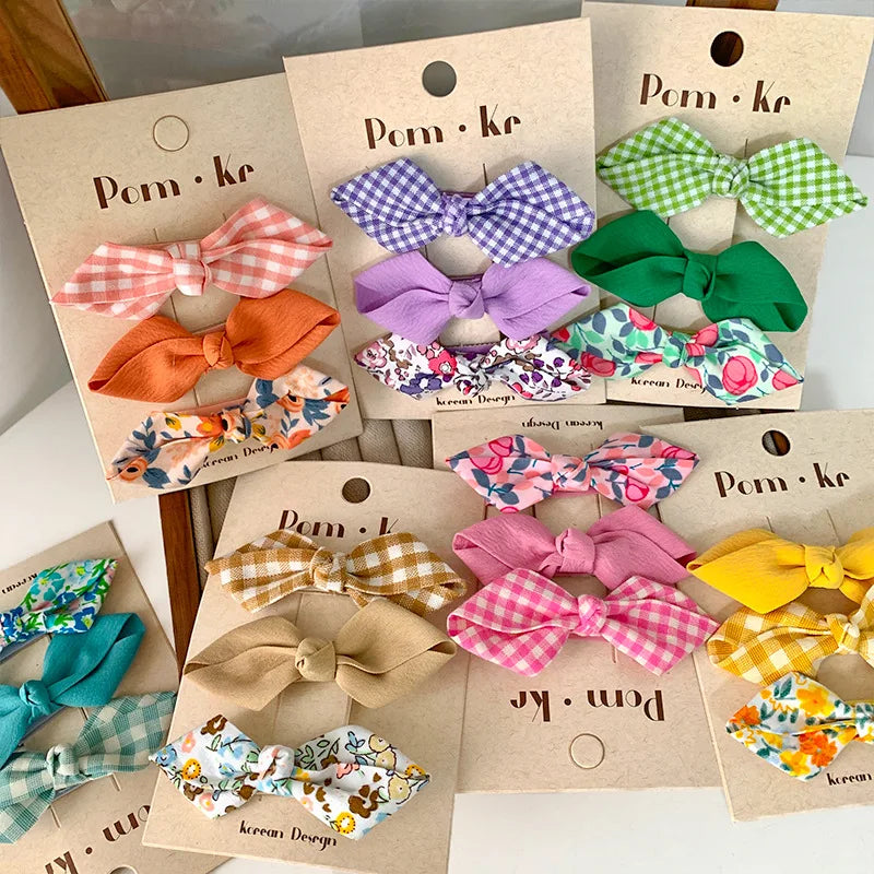 Conjunto de horquillas con lazos bonitos para niñas, flequillo Floral a cuadros, Clip para el cabello, accesorios coreanos para el cabello, tocado dulce para niños, 3 unids/lote