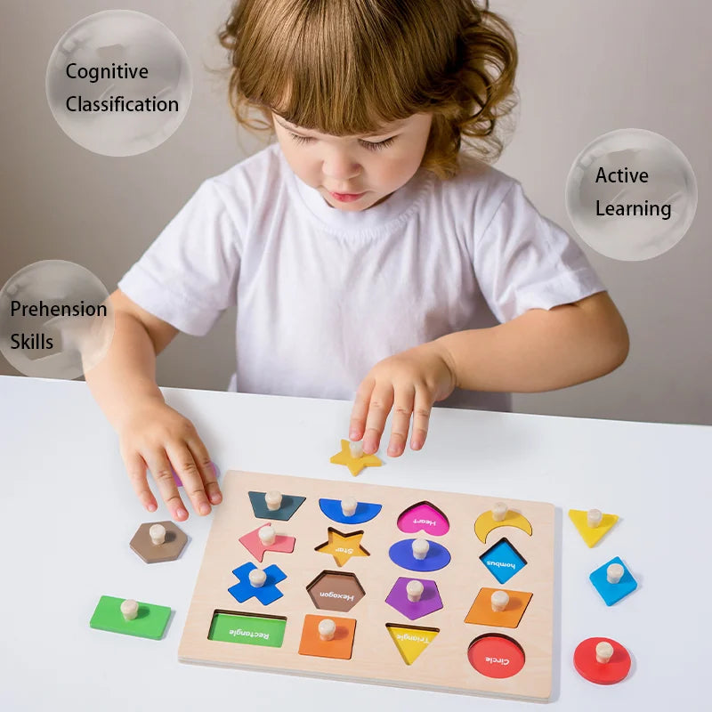 Rompecabezas de ayuda para enseñanza preescolar Montessori, tablero con incrustaciones de formas geométricas magnéticas Montessori, tablero de agarre manual con forma de madera, Juguetes