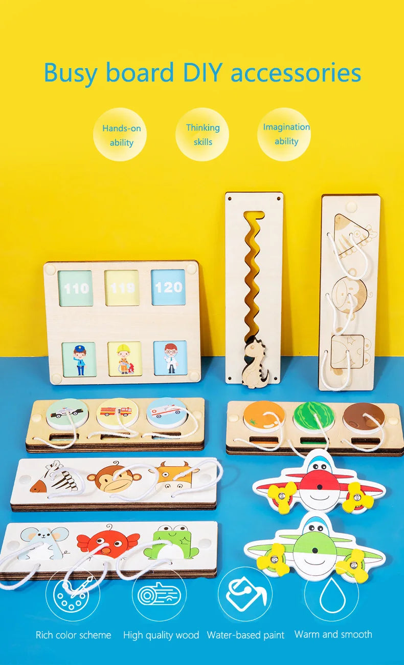 Accesorios de tablero ocupado, pieza de juguete DIY, juguetes de madera, cerraduras de Metal, hebilla de cuero, juegos educativos Montessori, desarrollo intelectual