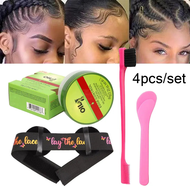 Cera de Control de bordes para mujer, Gel de Control de bordes de aceite de oliva con cepillo, cuchara, crema más suave para bordes de cabello de bebé, 2,25 Oz