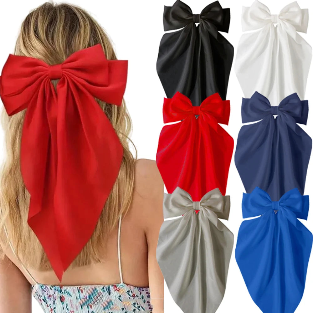 2/3/4/6/12 unids/set satén sedoso cinta con lazo de gran tamaño Clip para el cabello para mujeres pasadores Clips de Metal accesorios estéticos para el cabello