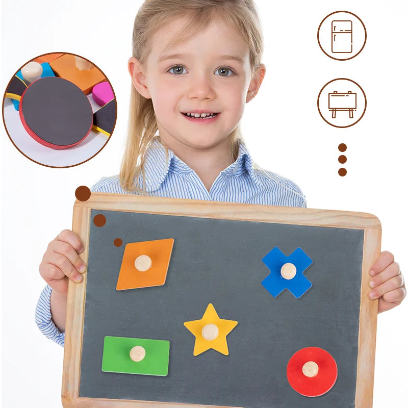 Rompecabezas de ayuda para enseñanza preescolar Montessori, tablero con incrustaciones de formas geométricas magnéticas Montessori, tablero de agarre manual con forma de madera, Juguetes