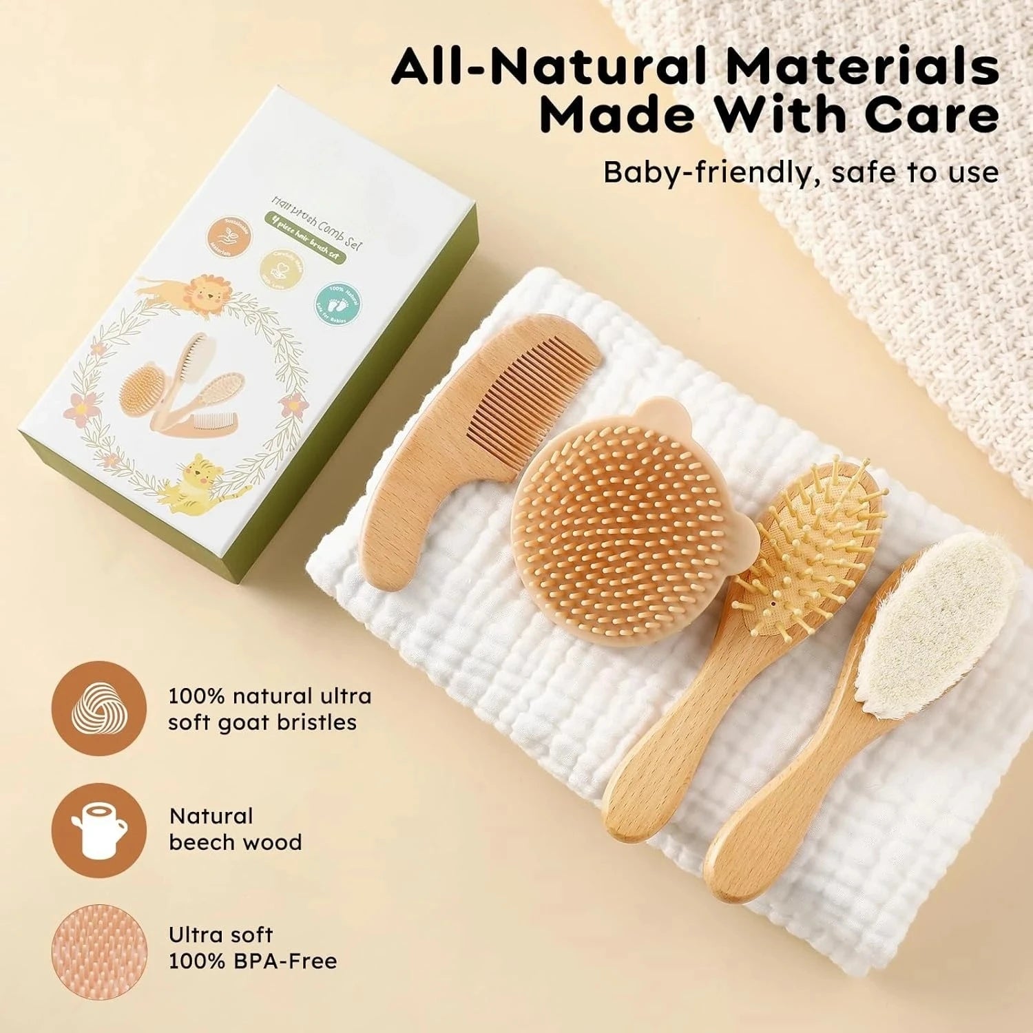 Juego de 4 Uds de cepillos y peines para bebé, cepillo de masaje de pelo de cabra Natural Ultra suave de madera para recién nacido, juego de peines para niño y niña