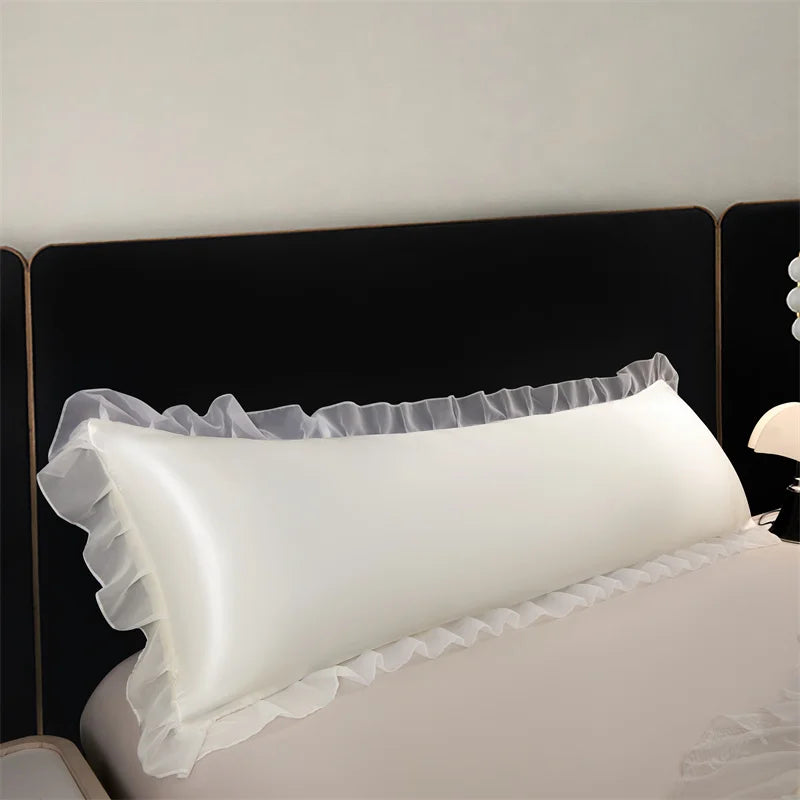 1pc Satin Silk Pillowcase with Ruffles 48x120/150/180cm Double Pillowcase Cover with Lace Smooth Long Pillow Sham for Summer