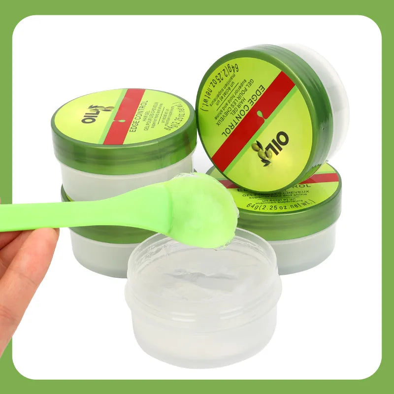 Cera de Control de bordes para mujer, Gel de Control de bordes de aceite de oliva con cepillo, cuchara, crema más suave para bordes de cabello de bebé, 2,25 Oz