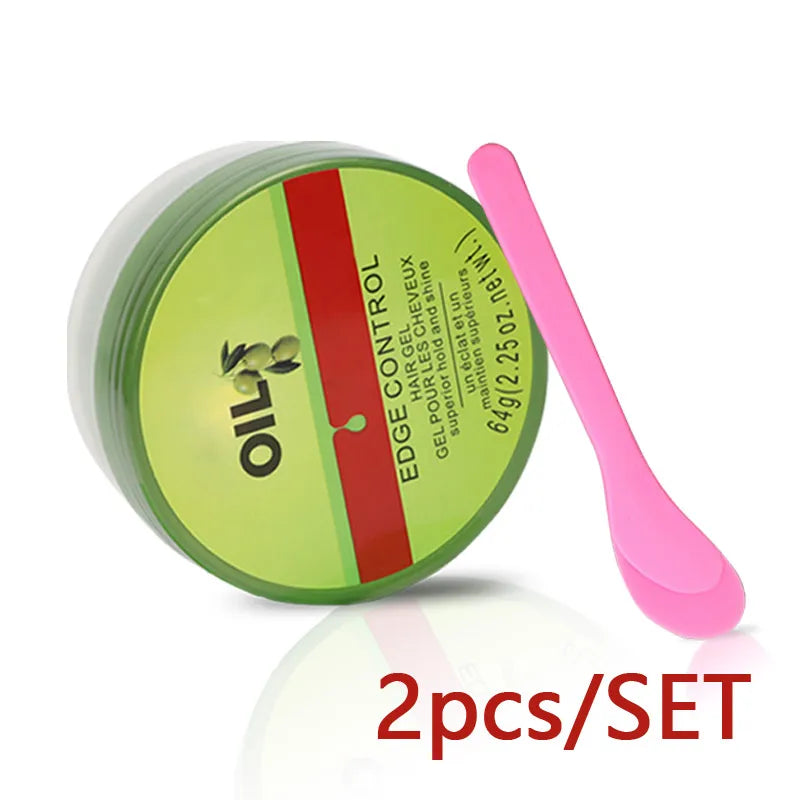 Cera de Control de bordes para mujer, Gel de Control de bordes de aceite de oliva con cepillo, cuchara, crema más suave para bordes de cabello de bebé, 2,25 Oz