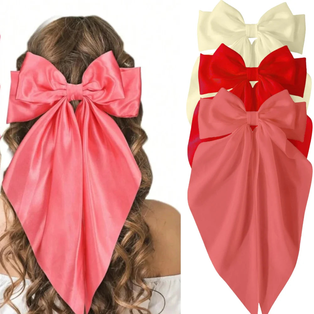 2/3/4/6/12 unids/set satén sedoso cinta con lazo de gran tamaño Clip para el cabello para mujeres pasadores Clips de Metal accesorios estéticos para el cabello