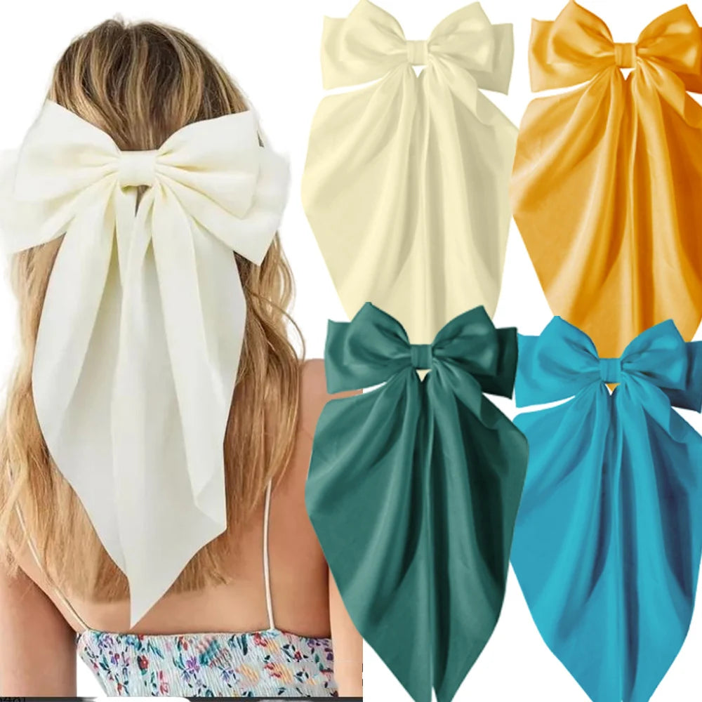 2/3/4/6/12 unids/set satén sedoso cinta con lazo de gran tamaño Clip para el cabello para mujeres pasadores Clips de Metal accesorios estéticos para el cabello