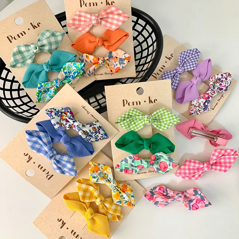 Conjunto de horquillas con lazos bonitos para niñas, flequillo Floral a cuadros, Clip para el cabello, accesorios coreanos para el cabello, tocado dulce para niños, 3 unids/lote