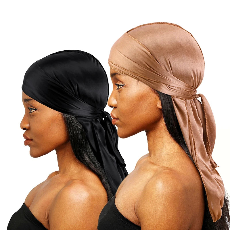 2 uds. Durags de satén sedoso para hombres, gorros de cola larga de diseñador, gorros de trapos Doo, gorros Du-rags para mujeres, corbata de satén de seda, gorro de trapos para ondas