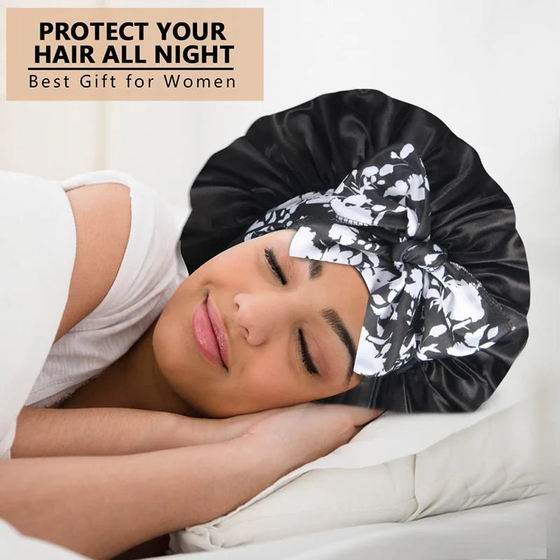 2 unids/lote, diadema con estampado bohemio, gorro de satén con cordones, gorro para el pelo con lazo, gorro elástico para dormir de noche, gorros de baño para ducha para mujer