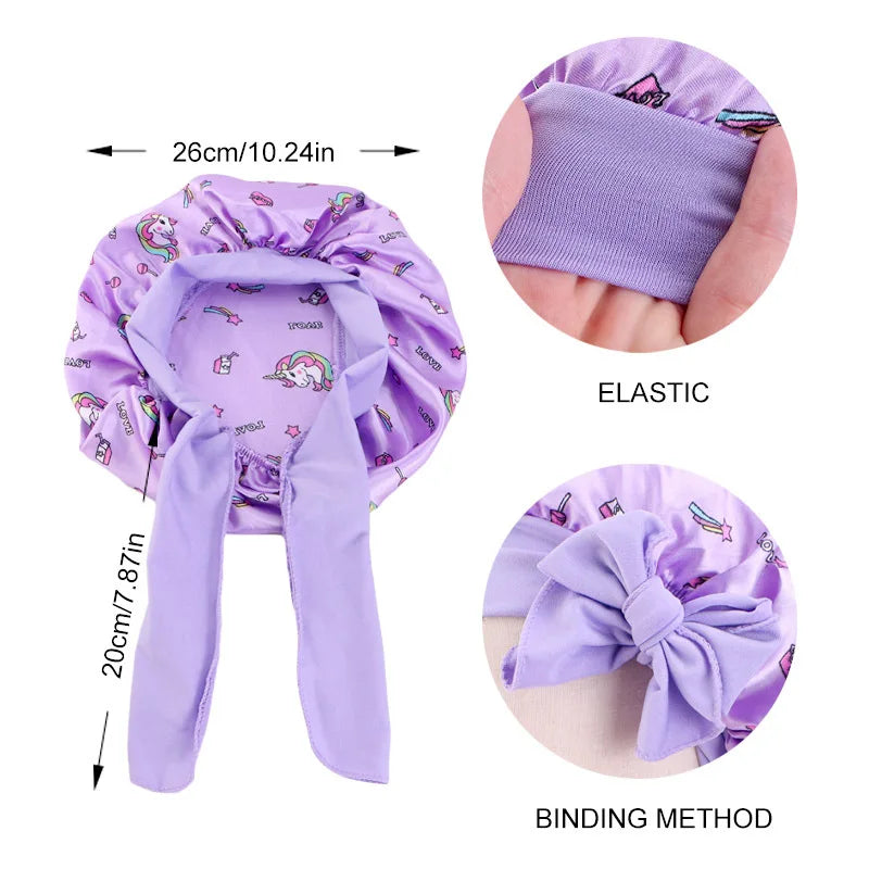 Gorro de dormir con estampado de dibujos animados de arcoíris, gorro de satén para dormir, cuidado del cabello de seda para bebés, gorro de cocina para niños, gorro de seda satinada para dormir en niños pequeños